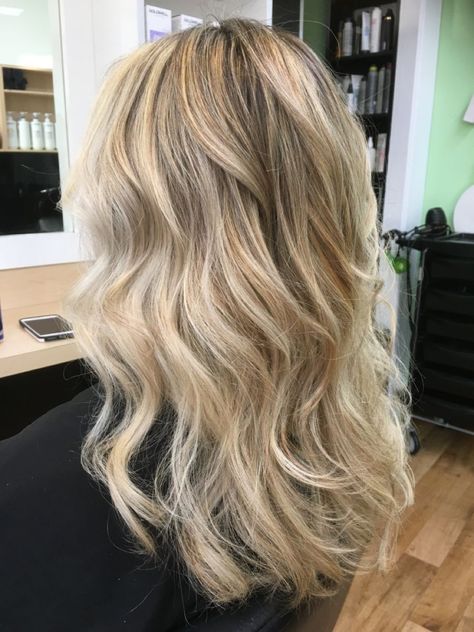 Blonde Hair Full Foil Highlights Brunette To Blonde, Full Highlights Blonde Short, Blonde Highlights By Hair Pattern, Traditional Blonde Highlights, Blonde Hair Full Foil, Curled Hairstyles Blonde, Dish Water Blonde Hair With Highlights, Half Head Of Foils Blonde, Blonde Foil Highlights