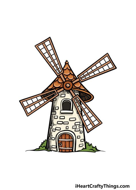 How To Draw A Windmill, Dutch Windmill Drawing, Windmill Drawing Simple, Windmill Painting Easy, Wind Mill Drawing, Windmills Drawing, Farm Drawing Easy, Windmill Aesthetic, Mill Drawing