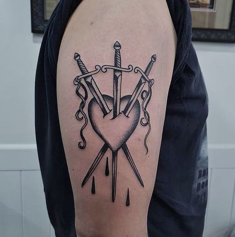 Chalice Tattoo Company on Instagram: "Three of Swords by @goatmoth" 3 Of Swords Tattoo Traditional, Three Swords Tattoo, 3 Of Swords Tattoo, Three Of Swords Tattoo, Victorian Tattoos, Chalice Tattoo, Three Tattoo, Divorce Tattoo, Swords Tattoo