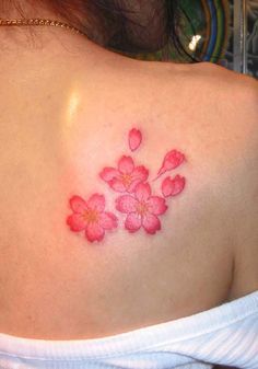 Pink Tattoo Healed, Cherry Flowers Tattoo, Cherry Blossom Tree Back Tattoo, Rose Quartz Tattoo, Blossoms Tattoo, Top Of Shoulder Tattoo, Cherry Blossom Tattoos, Collar Ideas, Cherry Tattoo