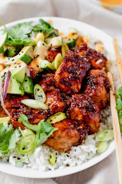 Party Dinner Ideas, Salmon Rice Bowl, Salmon Rice, Honey Garlic Salmon, Recipes Healthy Dinner, Garlic Salmon, Rice Bowls Recipes, Dinner Recipes Healthy, Salmon And Rice