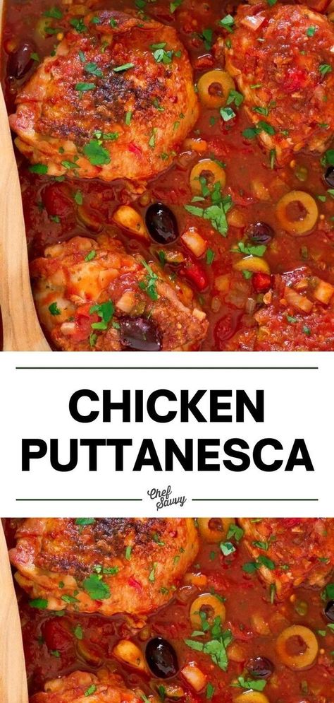 Chicken Puttanesca saucy slow cooker Italian recipes. If you love eating well, this healthy family favorite won't disappoint! Juicy chicken thighs are simmered in a rich tomato broth with olives and capers. Chicken Puttanesca, Main Dish For Potluck, Puttanesca Recipe, Saucy Chicken, Puttanesca Sauce, Easy Chicken Recipe, Whole30 Dinner, Whole30 Dinners, Tomato Broth