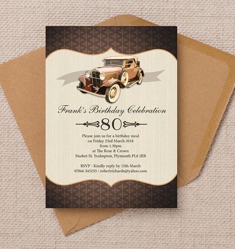 MINIMUM ORDER 10 If youre a fan of classic or vintage cars, what better invitation than our personalised design? Intended to ask guests to attend your birthday party, it features a classic car and vintage background, while classy fonts convey the details of your event.  Your invitation can be personalised with the wording of your choice, providing guests with all of the information they need.  Your invitations are A6 size and professionally printed on thick card and come with kraft envelopes ... Vintage Car Birthday, Vintage Car Party, Car Birthday Party Invitations, 60th Birthday Party Invitations, 70th Birthday Invitations, Classy Fonts, 50th Birthday Party Invitations, Car Party, 70th Birthday Parties