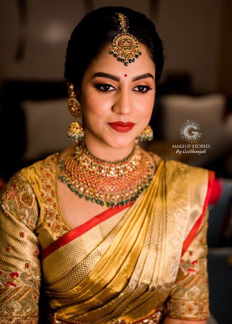 South Indian Bridal Makeup South Indian Bridal Makeup Look, Pellikuthuru Outfit, Revathi Nikhil, Bridal Makeup Hairstyles, Marriage Pics, Latest Bridal Makeup, Gold Saree, Embellished Pillows, Indian Bride Makeup