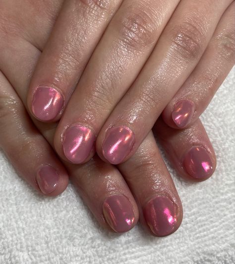 Pink chrome, gel enhancements, gel manicure, manicure, Valentines, short nails Pink Chrome Short Nails, Short Pink Chrome Nails, Shirt Nails, Chrome Manicure, Multicolored Nails, Pink Chrome Nails, Minimalist Nail, Gel Polish Manicure, Pink Chrome