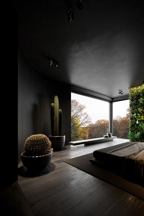 Dark House Aesthetic, Monochrome Interior Design, Japandi House, Dark Interior Design, Black Interior Design, Dark House, Architecture Model House, Smart Home Design, Modern Houses Interior