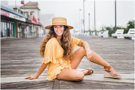 Janice Louise Photography | Delaware Senior Photographer | Rehoboth Beach Boardwalk | beach, boardwalk, Lack of Color straw boater hat, yellow romper Rehoboth Beach Boardwalk, Boardwalk Beach, Rehoboth Beach Delaware, Delaware Beaches, Straw Boater, Beach Session, Yellow Romper, Rehoboth Beach, Beach Sessions