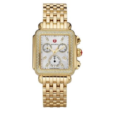 Michele Gold Stainless Steel Diamond Deco Watch Michele Deco Watch, Gold Diamond Watches, Michele Watches, Watches Women, Crystal Watches, Bracelets Gold Diamond, Gold Plated Bracelets, Two Tone Watch, Bezel Diamond