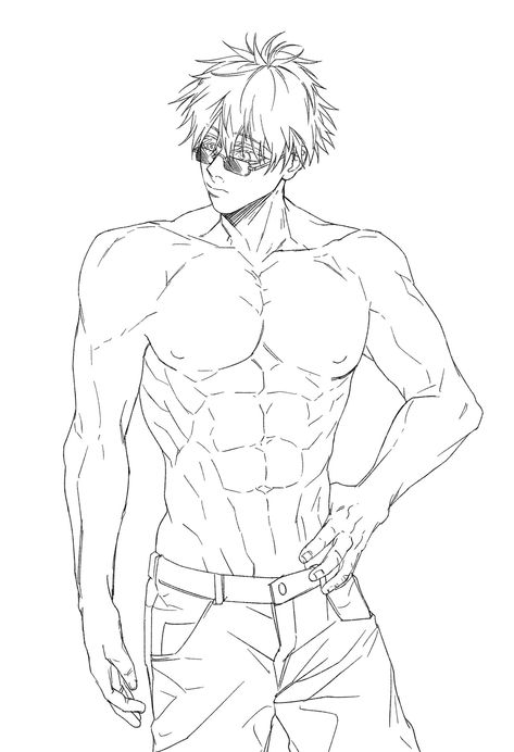 Gojo Satoru Hot Abs Fan Art, Gojo Drawing Full Body Sketch, Gojo Abs Fanart, Gojo Half Body Manga, Dancing Sketch, How To Draw Abs, Chad Image, Back Drawing, Color Drawing Art