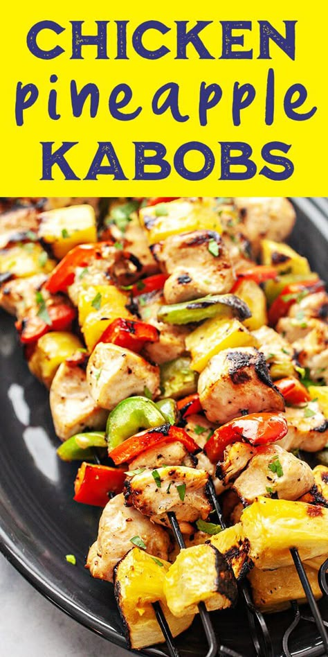 Chicken and Pineapple Kabobs! Food on a stick is a winner for both kids and adults! Chicken and pineapple are a perfect match for the grill. Top with lemony yogurt sauce for an easy summer meal. #chicken #pineapple #kabobs #kebabs #simplyrecipes Chicken Pineapple Kabobs, Pineapple Kabobs, Chicken Pineapple, Shish Kabobs, Kabob Recipes, Fruit Kabobs, Chicken Kabobs, Pineapple Chicken, Easy Summer Meals