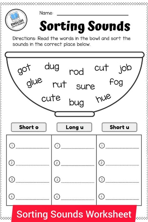 Phonics Activities Sorting Sounds Worksheets. It will help kids identify different sounds and sort them correctly. English Vowels, English Vocabulary Exercises, Sounds Worksheet, Phase 2 Phonics, English Conversation For Kids, Sounds Activities, Teach Phonics, Phonics Reading Passages, Phonics Activity