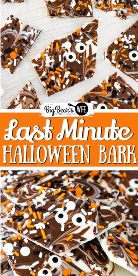 Chocolate and Sprinkles swirl together to make this simple Last Minute Halloween Bark! Great for friends, family, and co-workers! It's easy to make and done in minutes! Halloween Candy Bark, Halloween Bark, Halloween Deserts, Postres Halloween, Gluten Free Candy, Halloween Sprinkles, Halloween Party Snacks, Candy Bark, Halloween Food Treats