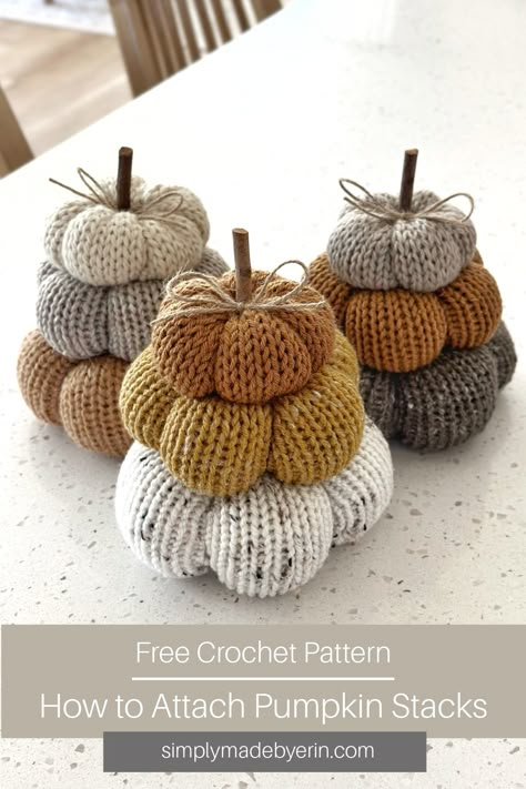 machine knit pumpkin in a stack of three Stacked Crochet Pumpkins, Crochet Pumpkin Stack, Pumpkin Stacks, Pumpkin Topiary Diy, Knit Pumpkins, Craft Thanksgiving, Crochet Fall Decor, Gnome Pumpkin, Pumpkin Arrangements