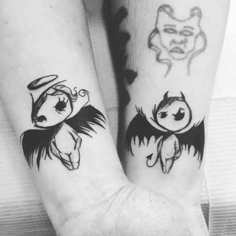 Couples Owl Tattoos, Matching Voodoo Doll Tattoo, Small Voodoo Doll Tattoo, Devilish Tattoos, Dark Couple Tattoos, Cute Demon Tattoo, Voodoo Doll Tattoo Cute, Small Demon Tattoo, Devil Tattoo For Women