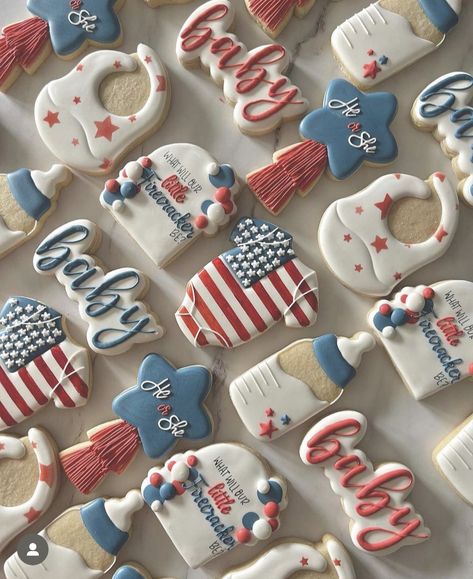 4th Of July Baby Shower Cookies, 4th Of July Gender Reveal Cookies, July 4th Balloon Garland, Fourth Of July Gender Reveal Ideas, July 4th Baby Shower Ideas, 4th Of July Gender Reveal Party, July Gender Reveal Ideas, Fourth Of July Gender Reveal, 4th Of July Gender Reveal