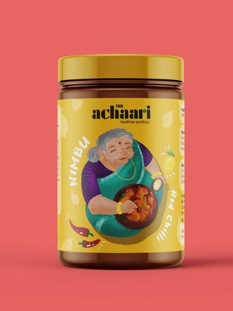 Here's a package design done by me for the Indian Pickle brand called 'The Achaari' Generations and more generations to come but why a generation gap.
The achaari squeezes itself in between and fills the generation gap of pickling.
Tempting flavours and secret spices, are best reasons to taste Achaari once. Pickle Packaging Design Creative, Fmcg Packaging Design, Desi Packaging, Indian Spices Packaging, Jar Packaging Design Creative, Illustrative Packaging Design, Indian Food Packaging Design, Pickle Branding, Pickle Packaging Design