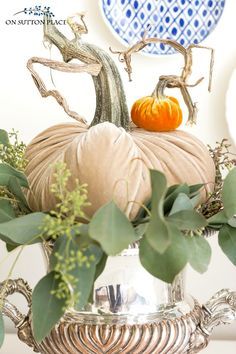 Easy fall decorating tips using velvet pumpkins. How to layer, stack and display velvet pumpkins for lovely fall decor. Featuring Hot Skwash Pumpkins. Velvet Pumpkins Display, Fall Vignettes, Fall Decorating Ideas, Pumpkin Display, Sutton Place, Autumn Display, Fall Deco, Fall Thanksgiving Decor, Autumn Decorating