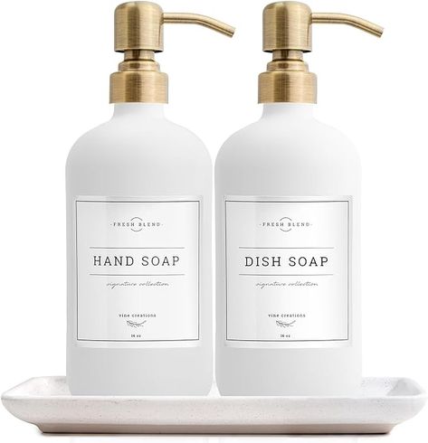 Amazon.com: Vine Creations Glass Soap Dispenser, 2 Pack Kitchen Soap Dispenser Set with Ceramic Tray, Stainless Steel Pump, Dish Soap Dispenser for Kitchen, Hand Soap Dispenser Bathroom with Waterproof Labels : Home & Kitchen Kitchen Sink Dish Soap Organization, Kitchen Soap Dispenser Ideas, Kitchen Soap Tray, Kitchen Soap Holder, Soap Organization, Shower Soap Dispenser, Soap Dispenser Bathroom, Soap Dispenser Set, Gold Milk