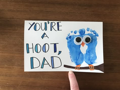 Owl footprint art, father's day card Fathers Day Foot Prints, Fathers Day Footprint Crafts For Infants, Father Day Footprint Ideas, Footprint Fathers Day Card, Mother’s Day Footprint Artwork, Owl Footprint Art, Footprint Fathers Day Crafts, Easy Fathers Day Crafts For Infants, Father’s Day Footprint Art