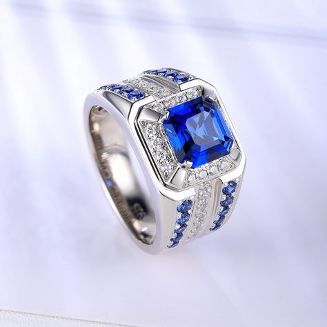 Sharing today's custom project: Men's Lab Blue Sapphire Wedding Ring! Powerful Design for gentlemen🤩 This jewelry is a custom project and, therefore isn't listed on our website! The best way to order is through DM, Email, or Phone. Available in lab gemstone. -Please Message for any interested inquiries❤️ #ring #bracelet #necklace #jewelry #labdiamondjewelry #wedding #engagement #customjewelry #onlineshopping #moissanitejewelry#lggjewelry#gift #box #propose #proposal#weddingband #weddingban... Jewelry Facts, Mens Rings Fashion, Boys Jewelry, Sapphire Rings, Mens Engagement, Sapphire Wedding, Rings Jewelry Fashion, Asscher Cut, Men's Jewelry Rings