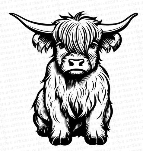 Highland Cow Stencil, Hyland Cow Tattoo, Highland Cow Drawing Easy, Fluffy Cow Drawing, Highland Cow Outline, Highland Cow Drawing, Highland Cow Pictures, Cricut Animals, Highland Coo