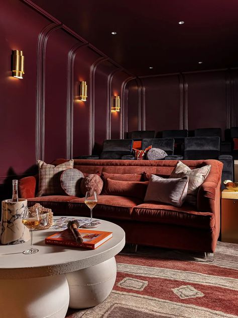 This Chic Home Theater Is Like Nothing You've Seen on MTV Cribs Home Theatre Carpet, Vintage Cinema Aesthetic, Basement Cinema Room, Basement Cinema, Cinema Room Design, Basement Movie Room, Therapy Rooms, Movie Theater Rooms, Theater Decor