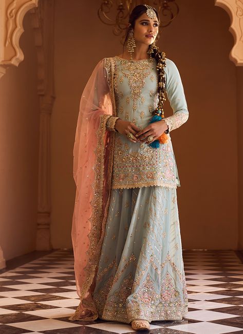 Dusty Mint and Pink Embroidered Sharara | Lashkaraa