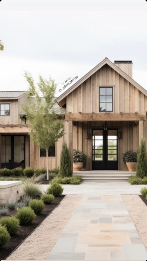 Multi Material House Exterior, Exterior Cedar Siding, Natural Board And Batten Siding, Cedar Wood House Exterior, Dark Wood Exterior House, Cedar Farmhouse, New House Exterior Ideas, All Stone House Exterior, Modern Rustic Front Porch