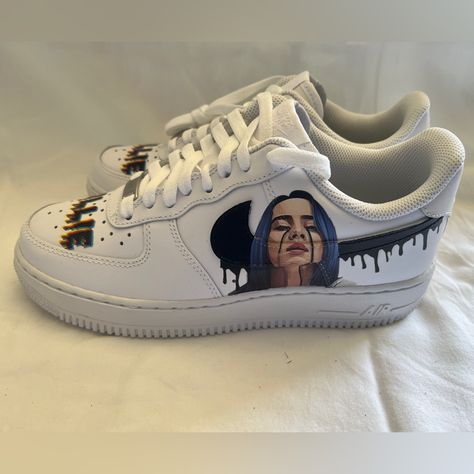 Nike Air Force 1, Men Size 7.5, Nwt In Original Box Custom Made With Billie Eilish Picture With Drips On The Sides And Her Name Dirps On Top. Air Forces Custom, Draw On Shoes, Painted Nikes, Custom Shoes Diy, Logo Wear, Jean Jacket Men, Unique Sneakers, Air Force 1 Custom, Cute Nike Shoes