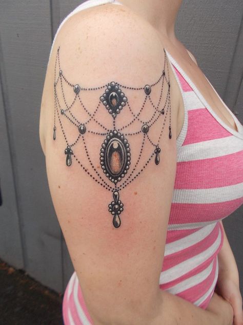 Victorian chandelier necklace shoulder tattoo by Ken @ Hopeless Ink (Vancouver, Washington) Black Lace Tattoo, Chandelier Tattoo, Victorian Tattoo, Woman's Back, Gem Tattoo, Jewel Tattoo, Necklace Tattoo, Shoulder Jewelry, Lace Tattoo