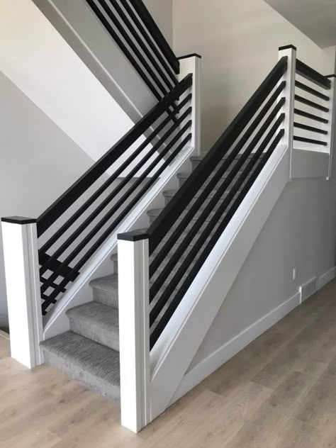 Staircase Grill Design Modern, Black Horizontal Stair Railing, Stairs Grill Design Modern Iron, Black Steel Balustrade Stair Railing, Stairs Relling Design Steel, Steel Stairs Design, درابزين السلم, Black And White Living Room Decor, Pretty Bathroom