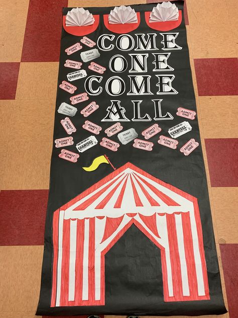 Carnival theme classroom door decoration Carnival Door Decorations, School Carnival Decorations, Carnival Classroom, Circus Classroom, Door Decorating Ideas, Circus Crafts, Fair Theme, Come One Come All, Carnival Decorations