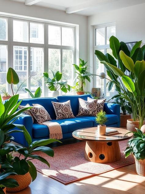 White Walls Blue Couch, Blue Velvet Couch Living Room, Blue Velvet Couch Living Room Ideas, Velvet Couch Living Room Ideas, Modern Colorful Living Room, Modern Tropical Interior Design, Blue Couch Living Room Ideas, Modern Tropical Interior, Interior Design Blue