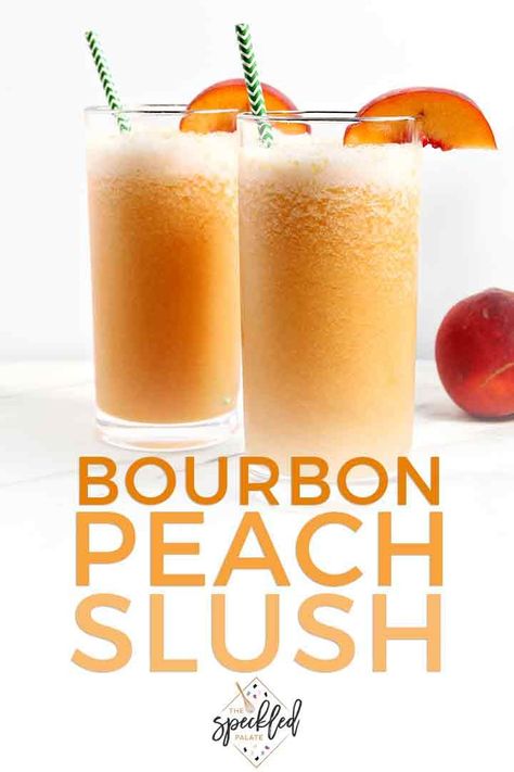 Celebrate peach season with a refreshing, summery Bourbon Peach Slush. | Bourbon Cocktail | Peach Cocktail | Summer Cocktail | Summer Mixed Drink | Peach Recipe | #bourbon #peach #speckledpalate Frozen Peach Cocktail, Peach Slush, Alcoholic Slush, Summer Mixed Drinks, Bourbon Slush, Peach Bourbon, Slush Recipes, Peach Cocktail, Peach Drinks