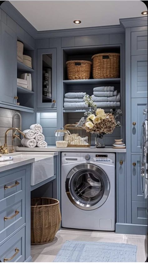 Combination Pantry And Laundry Room, Cottage Laundry Room, Laundry Room Decor Ideas, Blue Laundry Rooms, White Laundry Rooms, Dream Laundry Room, Laundry Room Layouts, Laundry Room Renovation, Cabinets Ideas