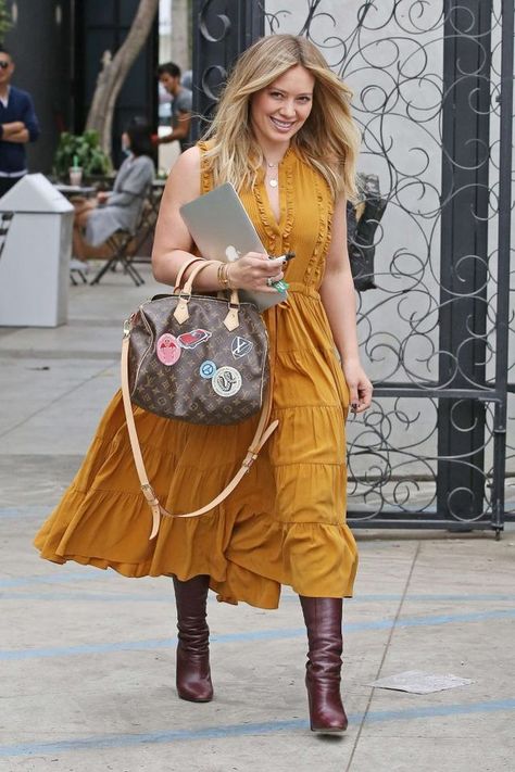 Splurge: Hilary Duff’s 901 Hair Salon $600 Ulla Johnson Marigold Minetta Silk Dress and $1,700 Louis Vuitton World Tour Speedy Bandouliere 30 Bag Speedy 30 Outfit, Louis Vuitton Speedy Outfit, Hilary Duff Style, Speedy Bandouliere 30, Louis Vuitton Dress, Louis Vuitton Speedy Bandouliere, 30 Outfits, Model Outfit, Causal Outfits