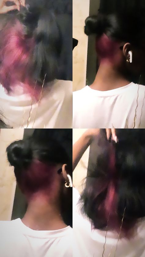 Black Hair With Purple Skunk Stripe, Brown With Pink Skunk Stripe, Pink And Purple Skunk Stripe Hair, Natural Hairstyles Skunk Stripe, Purple Skunk Stripe Hair, Purple Skunk Stripe, Dyed Natural Hair For Black Women Skunk Stripe, Peekaboo Colors, Purple Underneath Hair