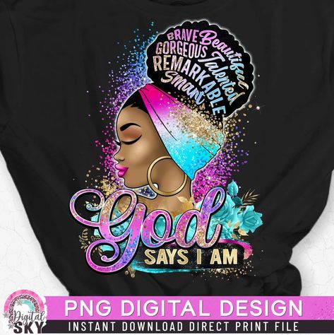 God Says I Am PNG, Christian Woman, Beautiful Queen, Glitter Gold Leopard, PNG file for Sublimation or Print. This item is a Sublimation PNG image file for direct-printing, DTF/ DTS/ DTG print, sublimation, and other printing projects like t-shirt iron-on, printable vinyl, DIY crafting projects, and more!
Instant download High-Quality PNG file, 300dpi, transparent background image file. This item created by Digital Sky Designs, maintaining 100% customer satisfaction with all products! Conference Event, Powerful Woman, Sisters Art, God Says, Sky Design, Afro Hair, Strong Women Quotes, Afro Women, Women Art