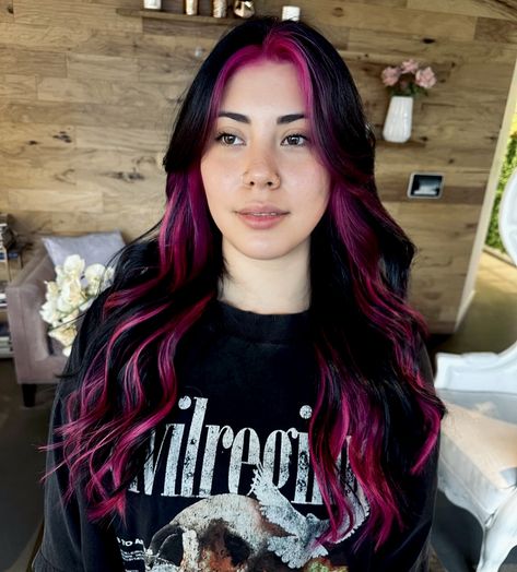 Vibrant Hair Color Ideas Brunettes, Magenta Hair With Money Piece, Magenta Money Piece Hair, Black Hair Pink Underneath, Deep Purple Highlights On Dark Hair, Magenta And Black Hair, Vivid Split Dyed Hair, Dark Hair Pink Highlights, Magenta Hair Money Pieces