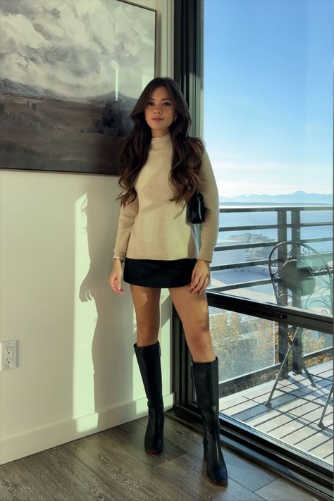 East Black curated on LTK Outfit 2024 Fall, Knee High Heeled Boots Outfit, Boot And Skirt Outfits, Winter Skirt Fits, Black Boots Casual Outfit, Outfits With Long Black Boots, Black Skirt Casual Outfit, Skirts And Boots Outfit, Black Boot Heels Outfit