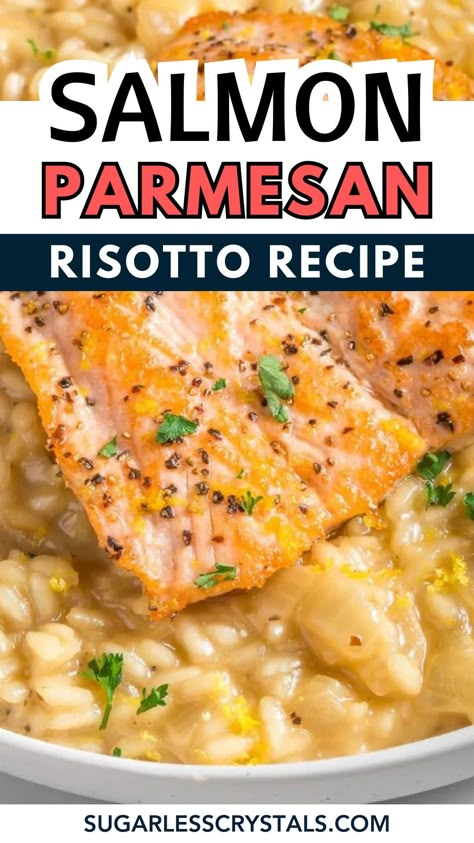 Salmon risotto brings juicy, flavorful salmon paired with a creamy homemade risotto that is easy enough for a beginner to make with these simple steps. A deliciously easy family dinner idea if you're looking for easy meals that are going to impress Risotto For Salmon, Risotto Recipes With Salmon, Risotto Recipes Salmon, Salmon And Risotto Recipe, Salmon And Risotto Dinners, What To Pair With Risotto, Salmon And Orzo Dinners, Salmon Risotto Recipes, Salmon Meal Recipes