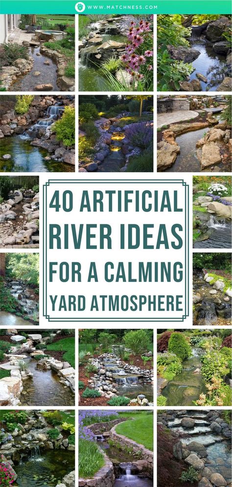 40 Artificial River Ideas for a Calming Yard Atmosphere - Matchness.com Artificial River, Backyard Pondless Waterfall, Backyard Stream, Landscaping Water Feature, River Ideas, Waterfall Landscaping, Garden Stream, Pondless Water Features, Diy Ponds Backyard