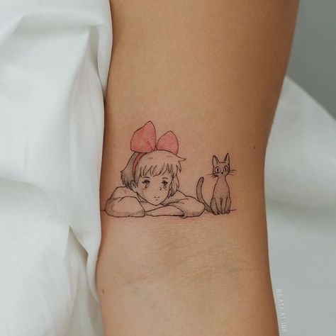 Kiki's Delivery Service Tattoo, Miyazaki Tattoo, Tatuaje Studio Ghibli, Studio Ghibli Tattoo, Ghibli Tattoo, Kawaii Tattoo, Petite Tattoos, Red Ink Tattoos, Cute Little Tattoos