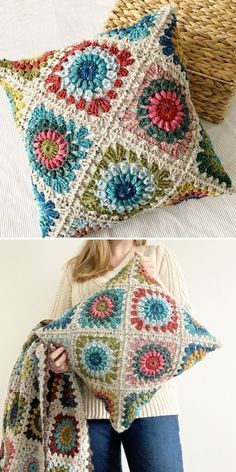 Cute and Cozy Crochet Pillows. Hygge (pronounced "Hue-guh") is a Scandinavian word that means "cozy, happy, special, warm, and nice." It can be used as a noun, a verb, or an adjective! This pillow embodies all of the warmth, coziness, and happiness that a crochet pillow can provide. The classic sunburst granny square is used to make this pattern. #freecrochetpattern #pillow #cushion Crochet Fun Pillow Pattern Free, Granny Square Throw Pillow, Crochet Pillow Cover Pattern Free Granny Squares, Granny Square Pillow Cover Free Pattern, Granny Square Pillow Pattern Free, Crochet Pillow Case Pattern Free, Granny Square Pillow Case, Crochet Cushion Cover Pattern, Crochet Pillow Cover Pattern