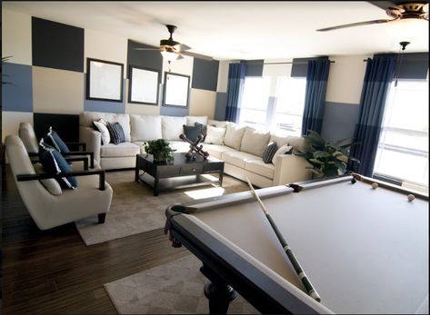 Pool table in living room Living Room With Pool, Man Cave Designs, Room With Pool Table, Luxury Game Room, Mens Room Decor, Fun Living Room, Pool Table Room, Man Cave Design, Recreational Room