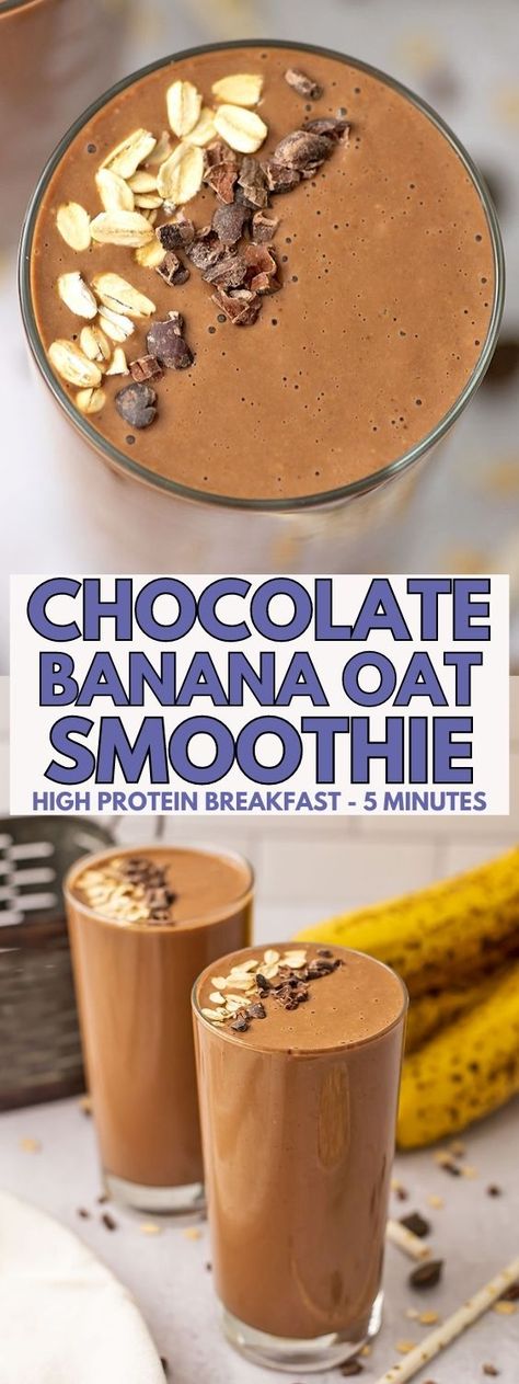 Chocolate banana oat smoothies are so rich and creamy and perfect for breakfast, post workouts or a healthy snack. This chocolate oatmeal smoothie is high in protein and super filling! Vegan and dairy free, this banana chocolate oat smoothie will quickly become one of your favorite recipes! Made with simple ingredients and ready in under 5 minutes. Breakfast Smoothie Chocolate, Healthy Chocolate Breakfast Smoothie, Chocolate Protein Powder Smoothie, Healthy Chocolate Breakfast, Chocolate Breakfast Smoothie, Oatmeal Shake, Healthy Chocolate Smoothie, Banana Oat Smoothie, Chocolate Protein Smoothie