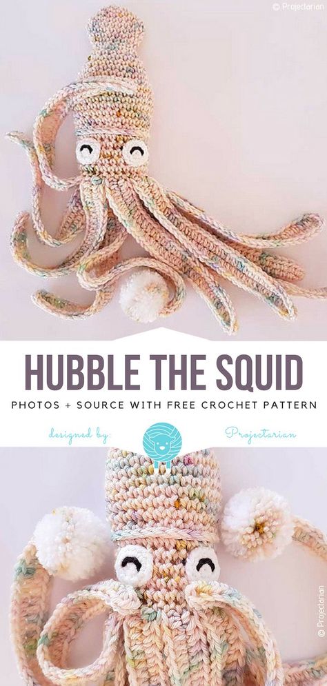 Crochet Giant Squid, Crochet Tentacles Free Pattern, Crochet Ocean Animals Free Pattern, Crochet Cuttlefish, Crochet Squid Pattern Free, Squid Crochet Pattern Free, Crochet Squid, Octopus Amigurumi, Crochet Hack