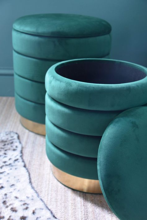 The set of 2 round storage ottomans are the perfect addition to any modern living room or bedroom. Emerald Green in colour with a gold base, this ottoman can be used for storage for books, magazines, toys or anything that you would like to keep out of sight. The ottoman can also be used as an occasional chair or footstool. The ottomans come packaged one inside the other. Large Ottoman - H44 x W40 x D40cm Small Ottoman - H38 x W34 x D34cm Emerald Green Ottoman, Bedroom Emerald Green, Large Storage Ottoman, Green Ottoman, Green Living Room, Storage Ottomans, Art Deco Theme, Small Ottoman, Round Storage Ottoman