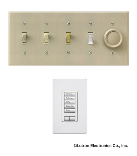 Get rid of that row of ugly switches! With a Lutron light control system you can control those same lights with a stylish keypad. http://www.lutron.com/en-US/Residential-Commercial-Solutions/Pages/Residential-Solutions/WholeHomeSolutions.aspx?utm_source=Pinterest_medium=BeforeAfter_WallAcne_campaign=SocialMedia Lutron Light Switches, Smart Home Switches, Lighting Control System, Latest Sunglasses, Urban Interiors, Old Lights, Home Automation System, Light Switches, Home Technology