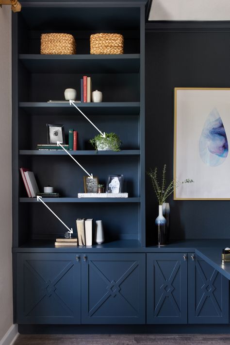 Blue Bookshelves, Blue Bookcase, Modern Ranch House, Blue Shelves, Garden Court, Dark Blue Walls, Muebles Living, Lake Travis, Bookshelf Design